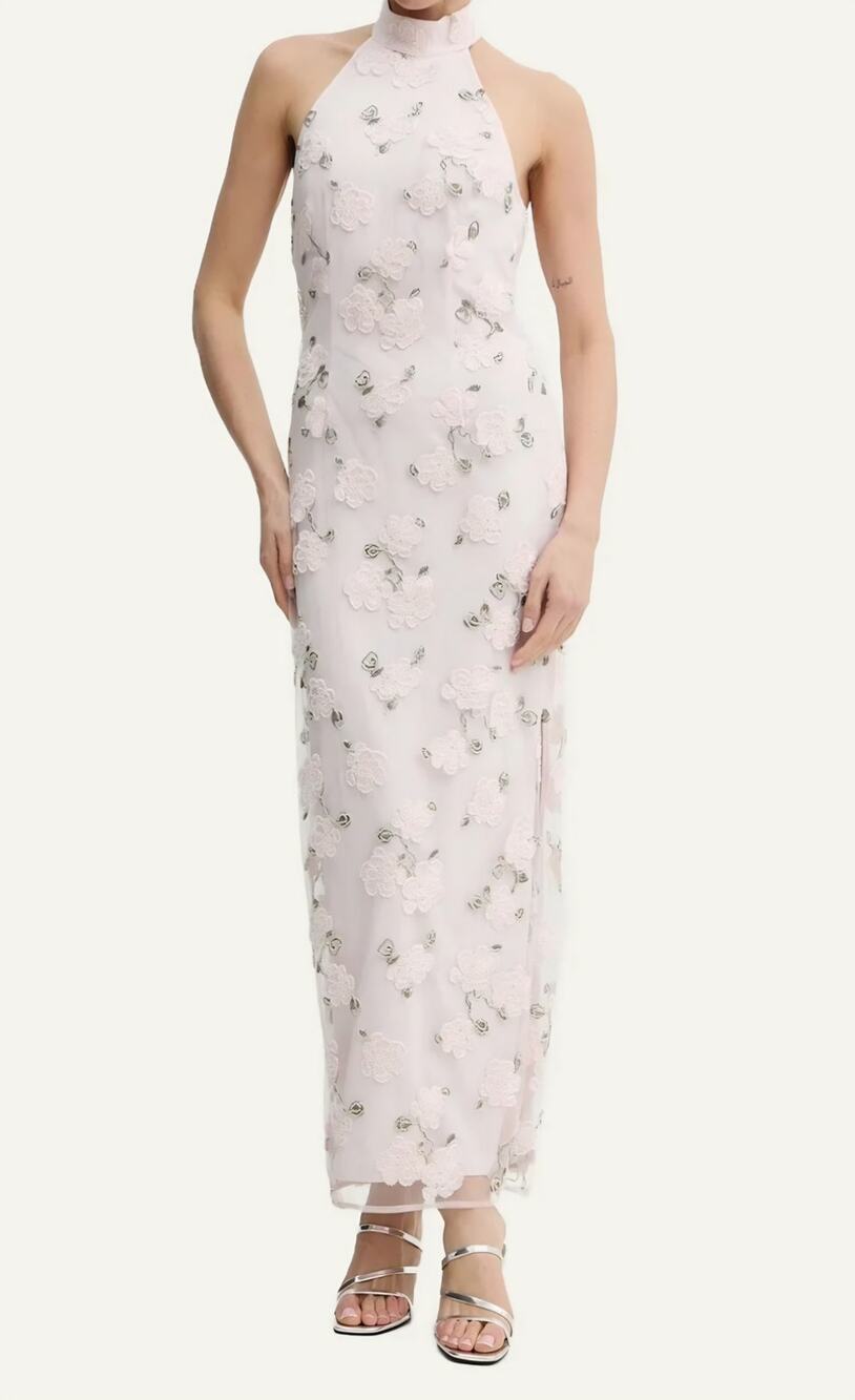 ROTATE Birger Christensen Flower Embroidered Beaded Maxi Halter Dress Size 6(38)